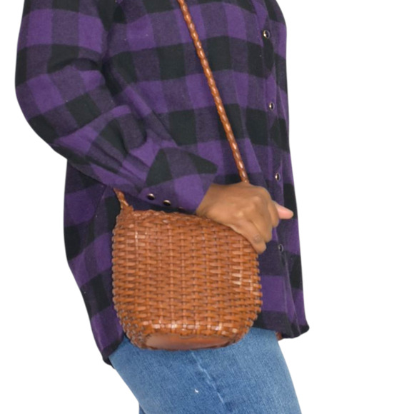 Vintage Ellepi Woven Bucket Bag Brown Leather Crossbody Drawstring Cottagecore - Picture 3 of 16